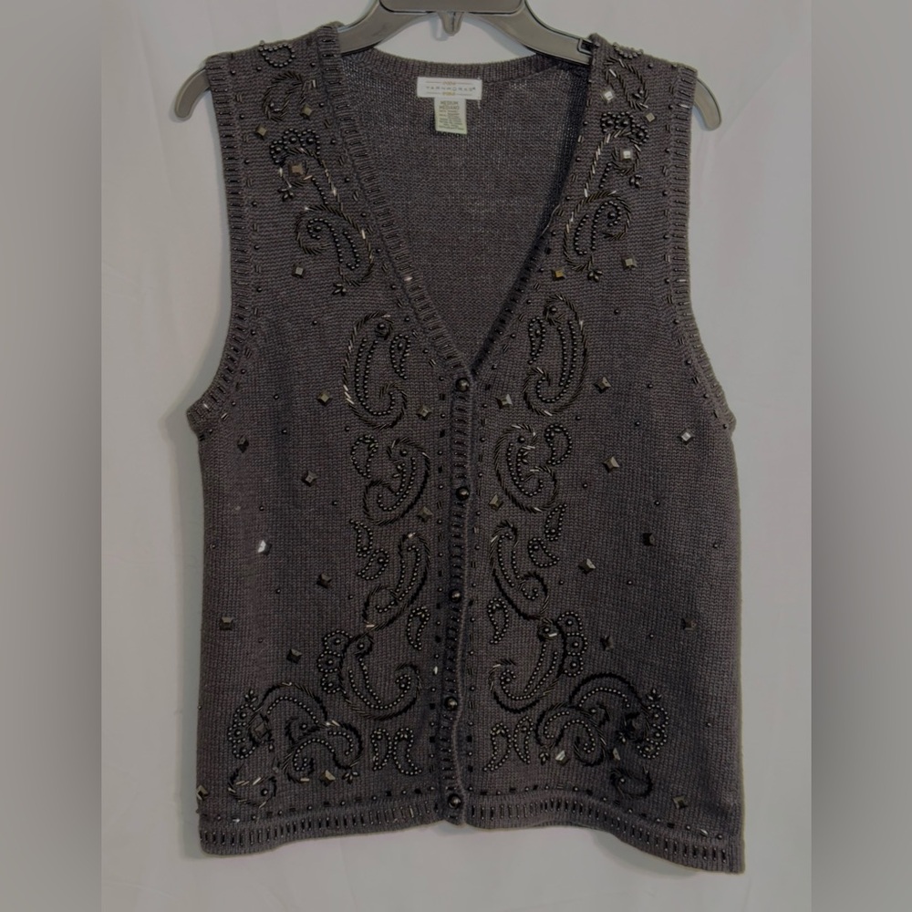Vintage Yarnworks Elegant Black Beaded Sweater Vest Size Medium